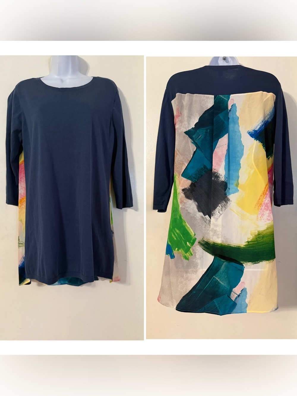 COS Cotton Silk Graphic Print Navy Crewneck Tunic Sweater Sz M 3/4 Sleeve Hi Low